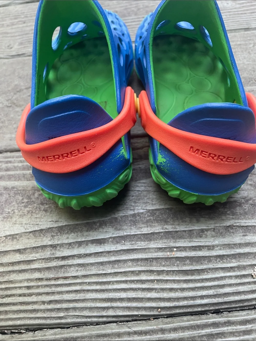 Merrell Kids Blue and Green Ventilated Water Clog with Orange Strap 13